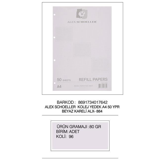 Alex Schoeller Kolej Yedek A4 Kareli 50yp ALX 884 Beyaz