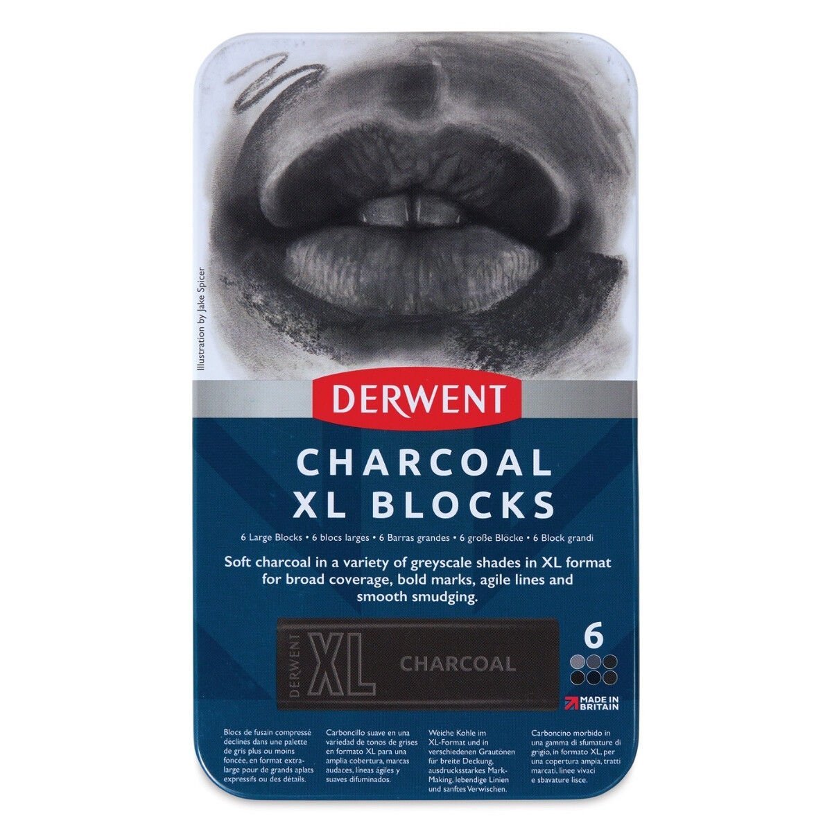 Derwent XL Charcoal Kömür Füzen Blok 6lı Set - Metal Box - Grey Shades