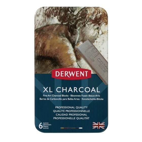 Derwent XL Charcoal Kömür Füzen Blok 6lı Set - Metal Box - Earthy Shades