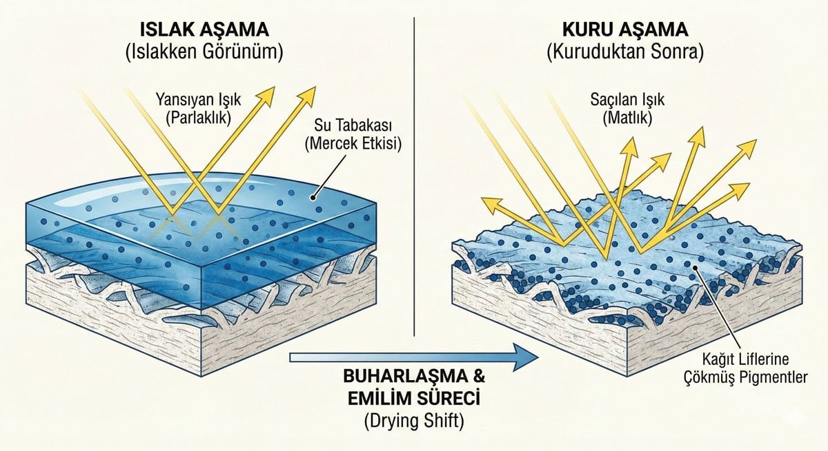 Suluboyada Drying Shift (Kuruma Farkı) olayının fiziksel diyagramı.