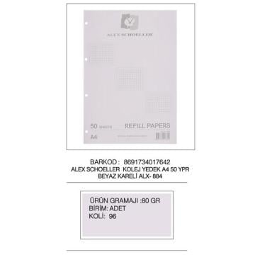 Alex Schoeller Kolej Yedek A4 Kareli 50yp ALX 884 Beyaz