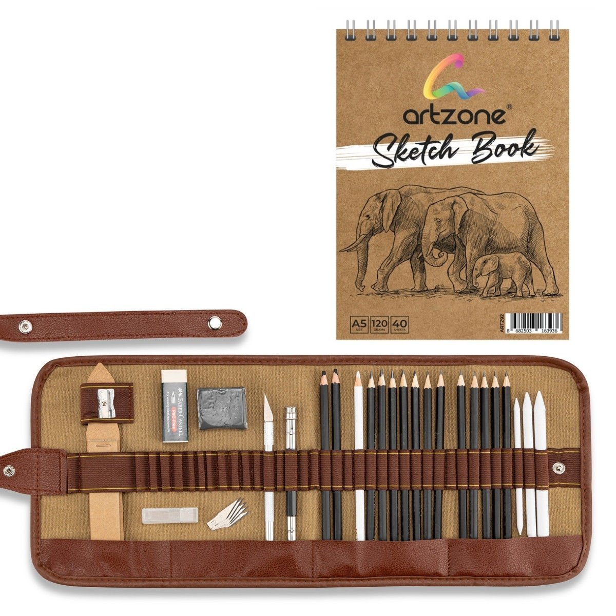 Artzone Rulo Eskiz Seti 26 Parça + Spiralli Defter A5 120gr 40yp Hediyeli