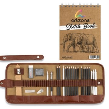 Artzone Rulo Eskiz Seti 26 Parça + Spiralli Defter A5 120gr 40yp Hediyeli