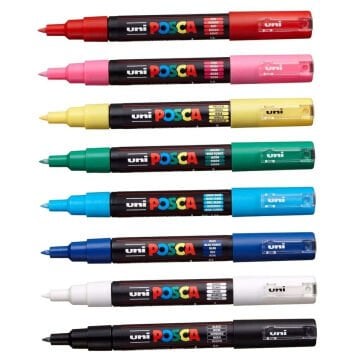 Uni Posca Su Bazlı Marker Seti PC-1M Extra Fine 0.7mm 8li Ana Renk