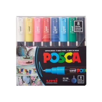 Uni Posca Su Bazlı Marker Seti PC-1M Extra Fine 0.7mm 8li Ana Renk