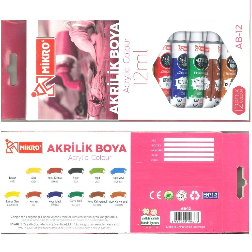 Mikro Akrilik Boya 12ml 12 Renk Set