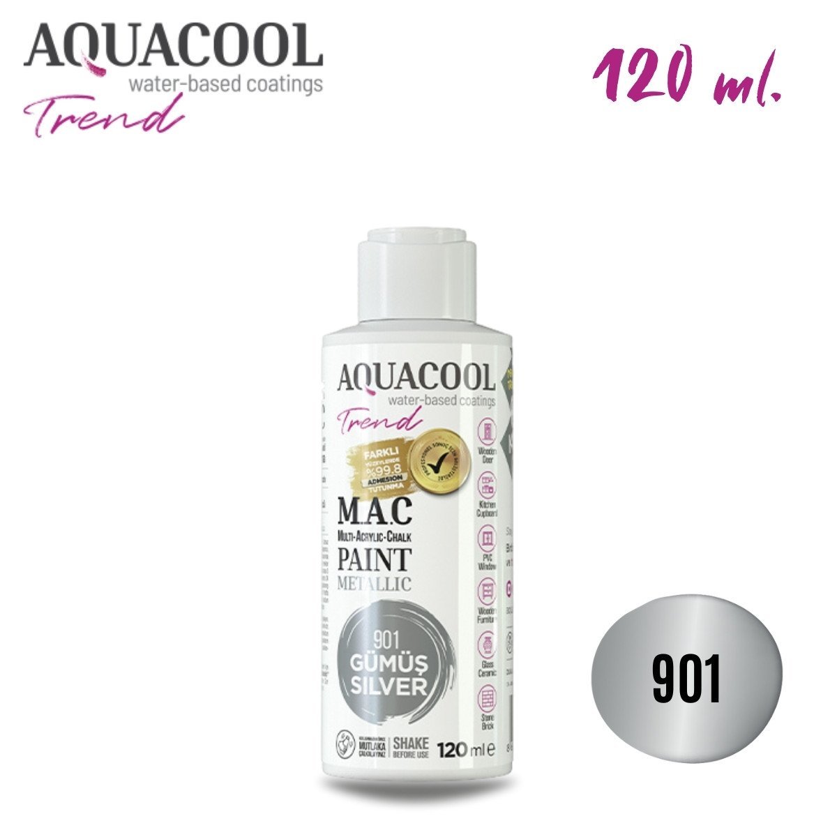 Aquacool Multi Akrilik Boya 120ml 901 Metalik Gümüş