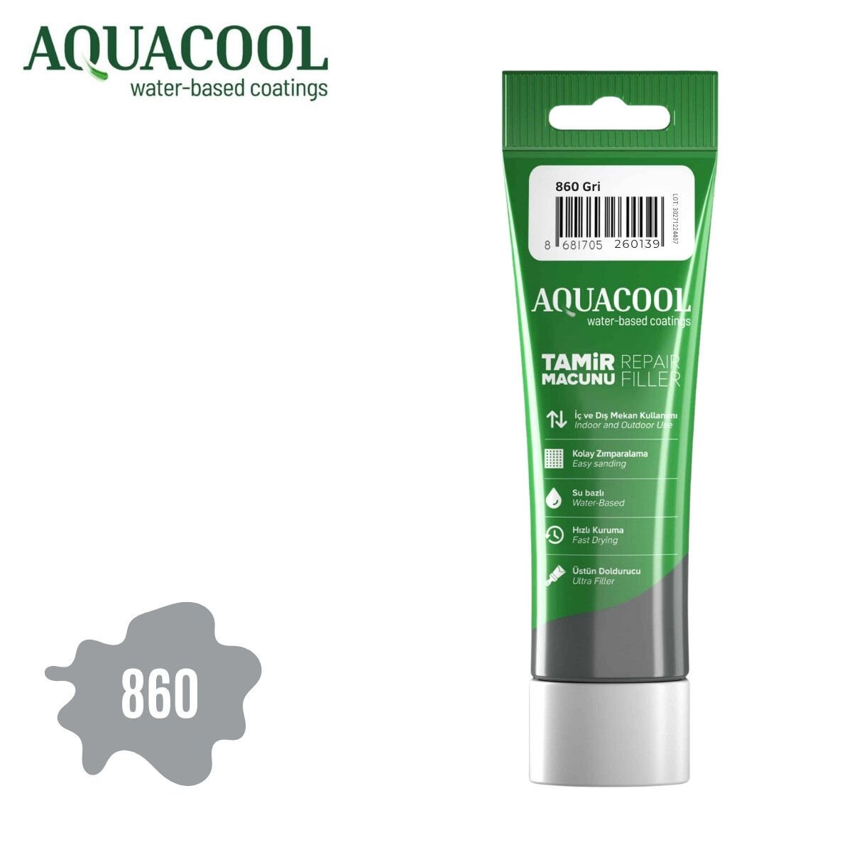 Aquacool Su Bazlı Ahşap Tamir Macunu Tüp 200gr 860 Gri