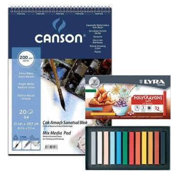 Canson Mix Media Pad Çok Amaçlı Resim Defteri (A4) 200gr 20 Sayfa ve Lyra Polycrayons Soft Pastel 12 Renk Set