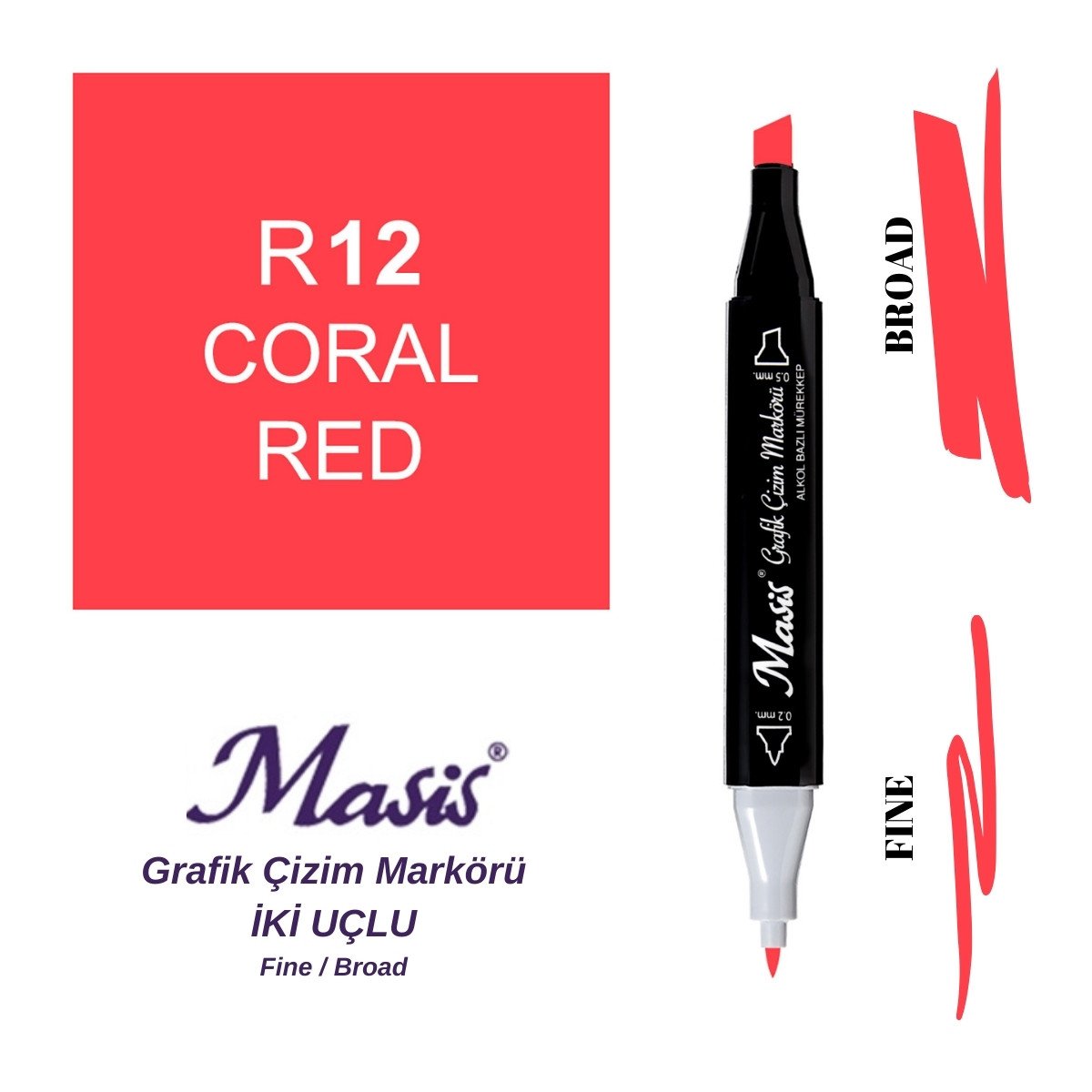 Masis Twin Çift Uçlu Marker Kalemi 12 Coral Red