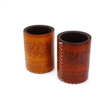 Suni Deri El Yapımı Masaüstü Yuvarlak Kalemlik Açık Kahve