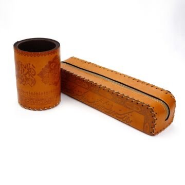 Suni Deri El Yapımı Masaüstü Yuvarlak Kalemlik Açık Kahve