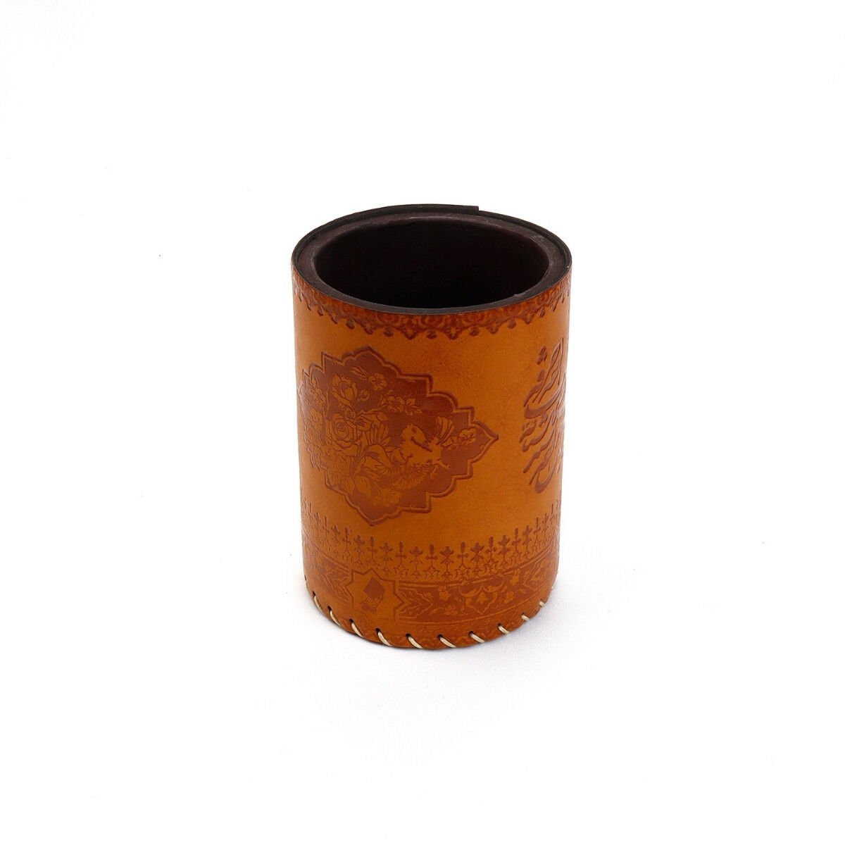 Suni Deri El Yapımı Masaüstü Yuvarlak Kalemlik Açık Kahve