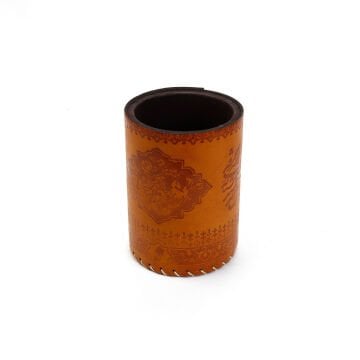 Suni Deri El Yapımı Masaüstü Yuvarlak Kalemlik Açık Kahve