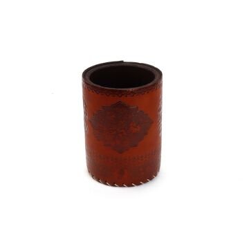 Suni Deri El Yapımı Masaüstü Yuvarlak Kalemlik Koyu Kahve