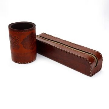 Suni Deri El Yapımı Masaüstü Yuvarlak Kalemlik Koyu Kahve