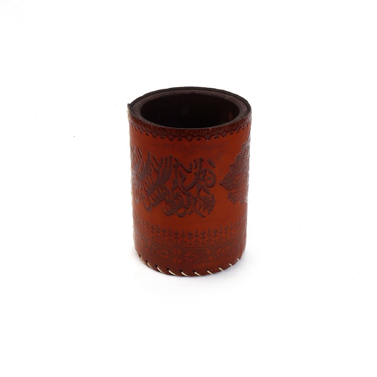 Suni Deri El Yapımı Masaüstü Yuvarlak Kalemlik Koyu Kahve