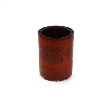 Suni Deri El Yapımı Masaüstü Yuvarlak Kalemlik Koyu Kahve