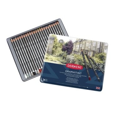 Derwent Graphitint 24 Renk Suda Çözünebilen Renkli Çizim Kalemi Seti 24 Renk Teneke Kutu