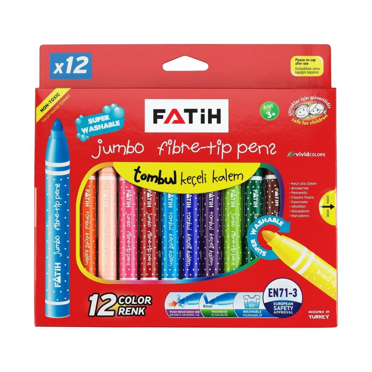 Fatih Yıkanabilir Jumbo Keçeli 12 Renk Karton Kutu