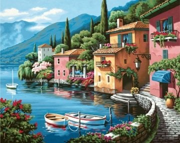 Sayılarla Boyama Seti - Numaralı Tuval Boyama 40x50cm - Deniz Köy ve Sahil Evler
