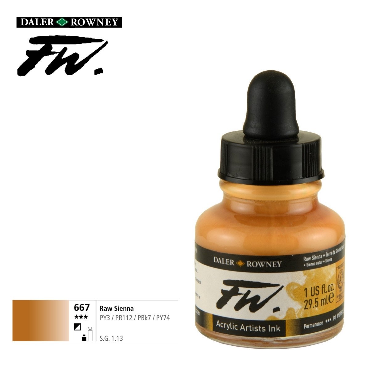 Daler Rowney Likit Akrilik (Pistole) Mürekkebi FW Ink 29.5ml 667 Raw Sienna