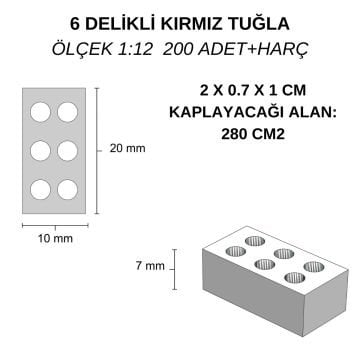 Eshel Maket Minyatür 6 Delikli Tuğla Kırmızı 1/12 2x1x0.7cm 200lü