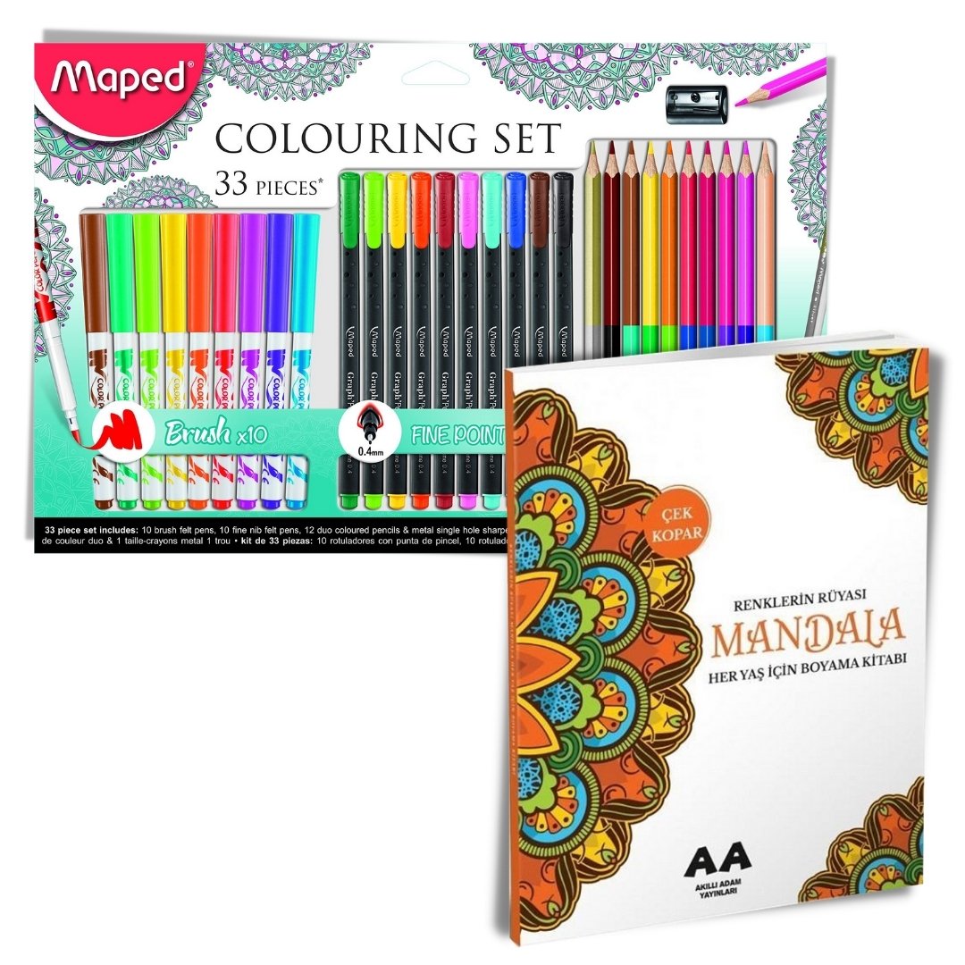 Maped Okul Seti 33'lü 10'lu Brush Fineliner + 12 Renk Set Duo Boya + Mandala defter