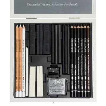 Cretacolor Black & White Drawing Set Premium Çizim Seti Ahşap Kutu 25 Parça 40025