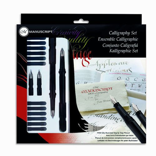 Manuscript Deluxe Kalligrafie-Set – 6 Federn, Füller, Konverter & Tintenpatronen (schwarz, Blau, Rot, Grün)