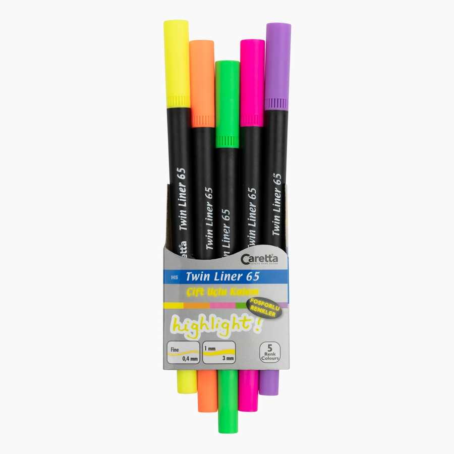 Caretta Çift Uçlu Fosforlu İşaretleme Kalem Seti 0.4mm, 1-3mm 5li